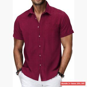 Men's Short Sleeve Cotton Linen Button Down Shirt Relaxed Fit Summer Casual